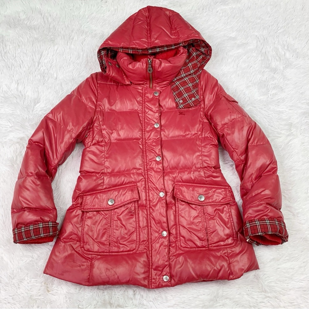 Burberry Blue Label hooded quilted puffer jacket with plaid lining full zip